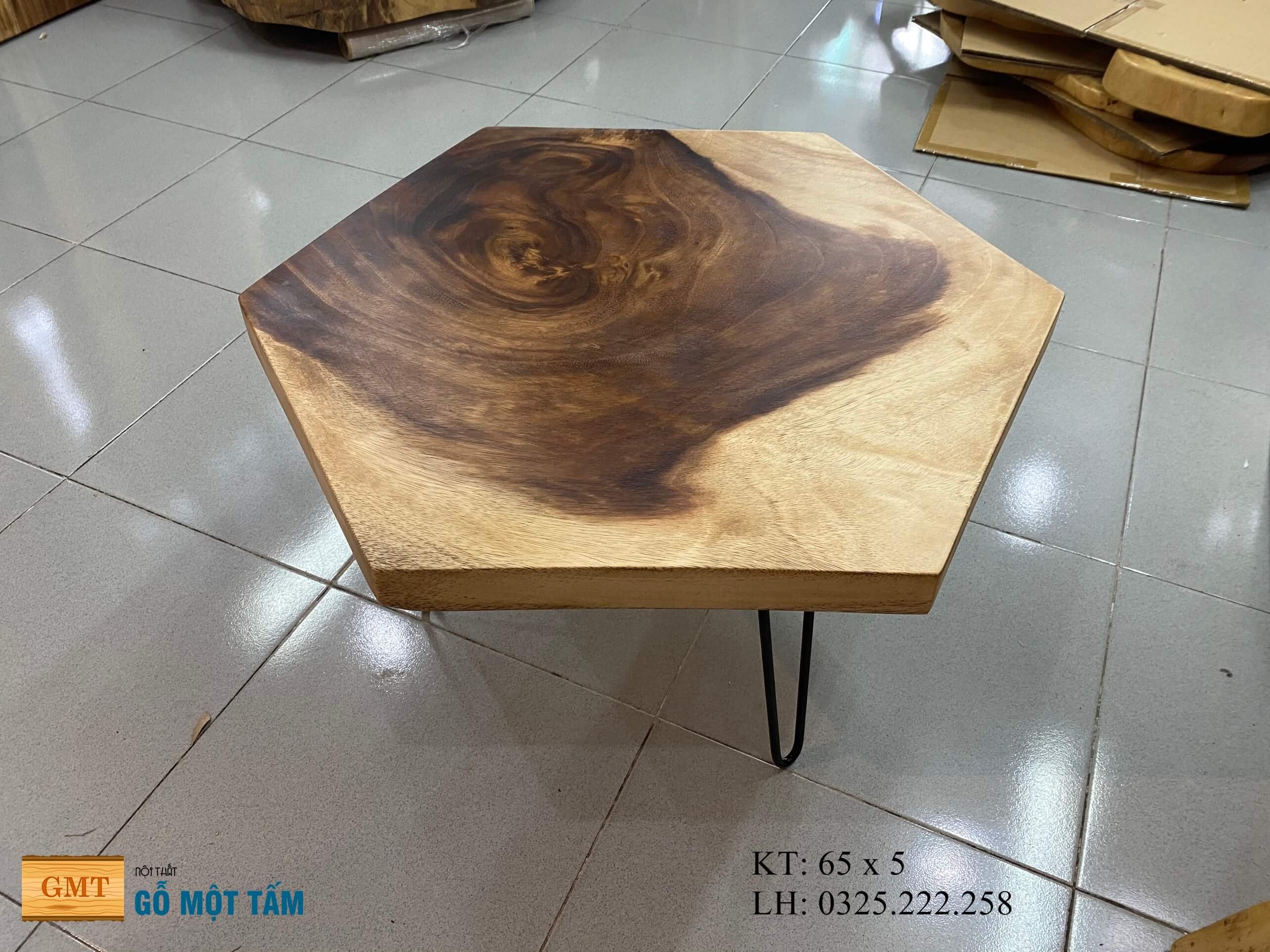 Bàn Sofa Lục Giác, Bàn Sofa Gỗ Me Tây, Bàn Ngồi Bệt Gỗ Tự Nhiên, Bàn Phòng Khách Hiện Đại, Bàn Trà Gỗ Rộng 65cm Dày 5cm
