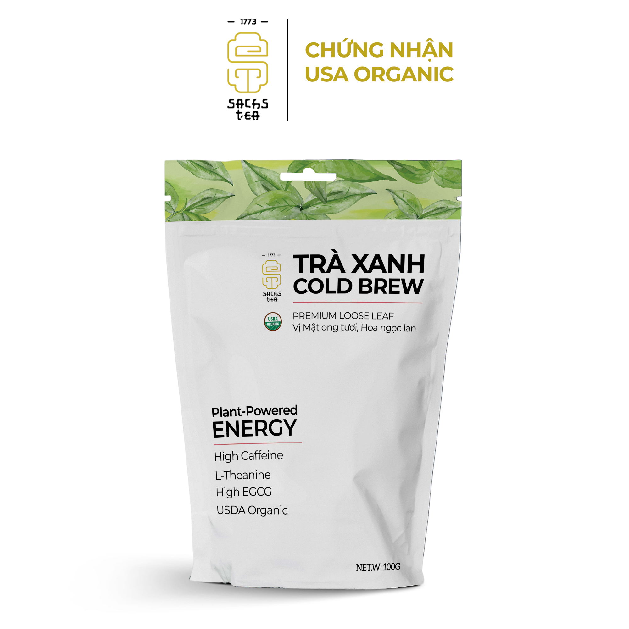 Trà Xanh Cold Brew Hữu Cơ - Chứng Nhận USDA Organic, Vị Mật Ong, Giàu EGCG Không Chát Túi Zip 100g