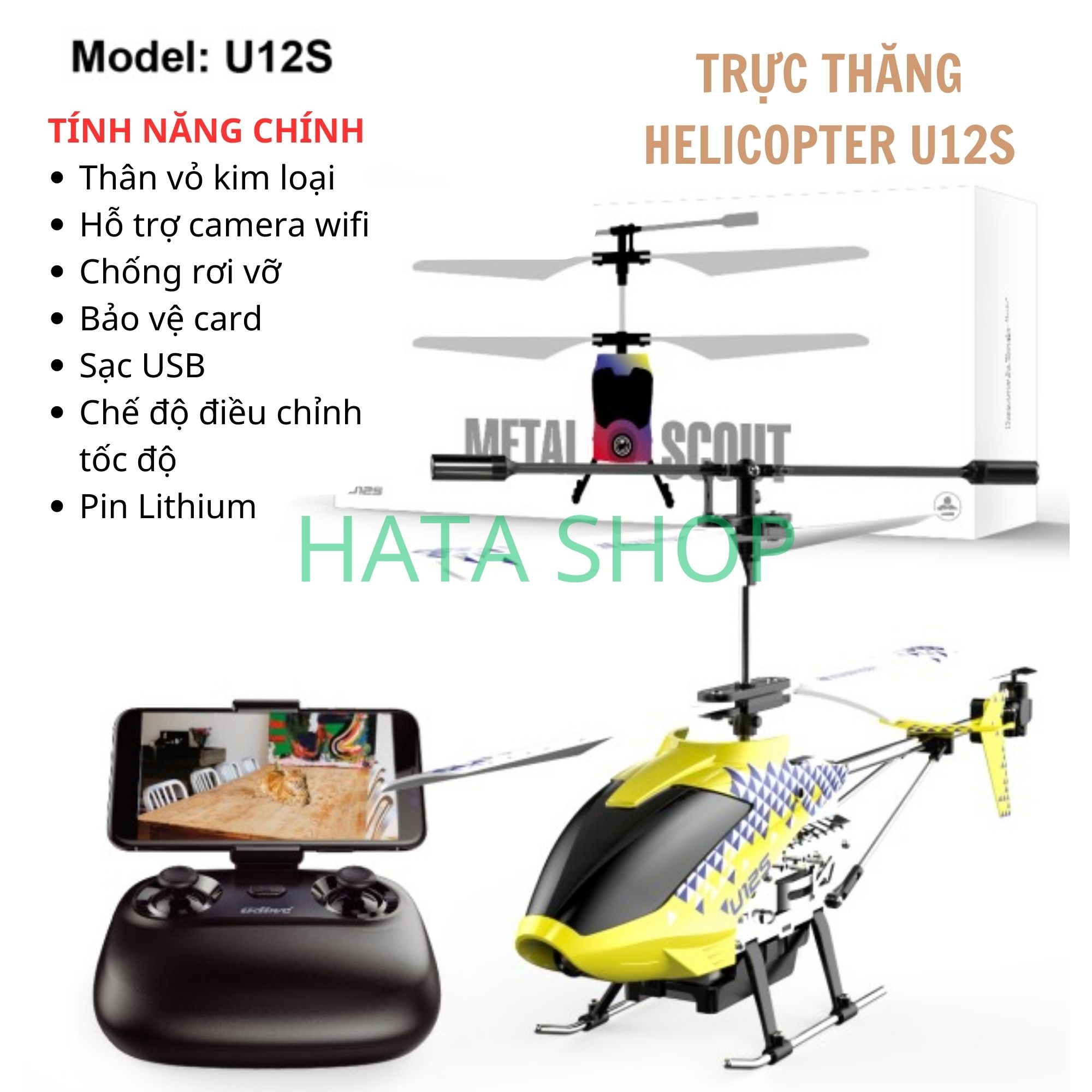 Máy Bay Trực Thăng U12S Helicopter Có Wifi Camera Chụp Ảnh/Video Bản 2 Pin Sạc Điều Khiển Từ Xa, mô hình máy bay trực thăng trên không