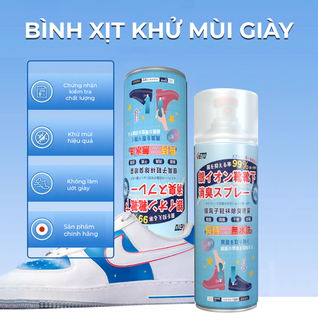 Chai xịt khử mùi giày dép NaNo Bạc khử vi khuẩn 99% loại bỏ mùi hôi giày dép Mũ Bảo Hiểm mùi hôi chân nhanh chóng, tiện lợi