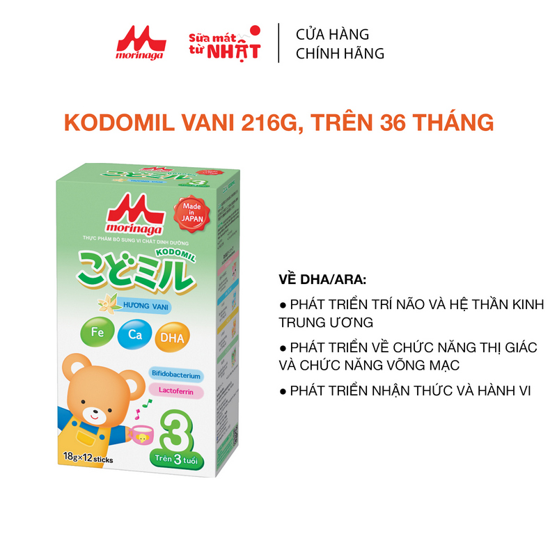 Sữa Morinaga số 3 Kodomil 216g cho bé từ 3 tuổi hương dâu, hương vani (Không tem đổi quà)