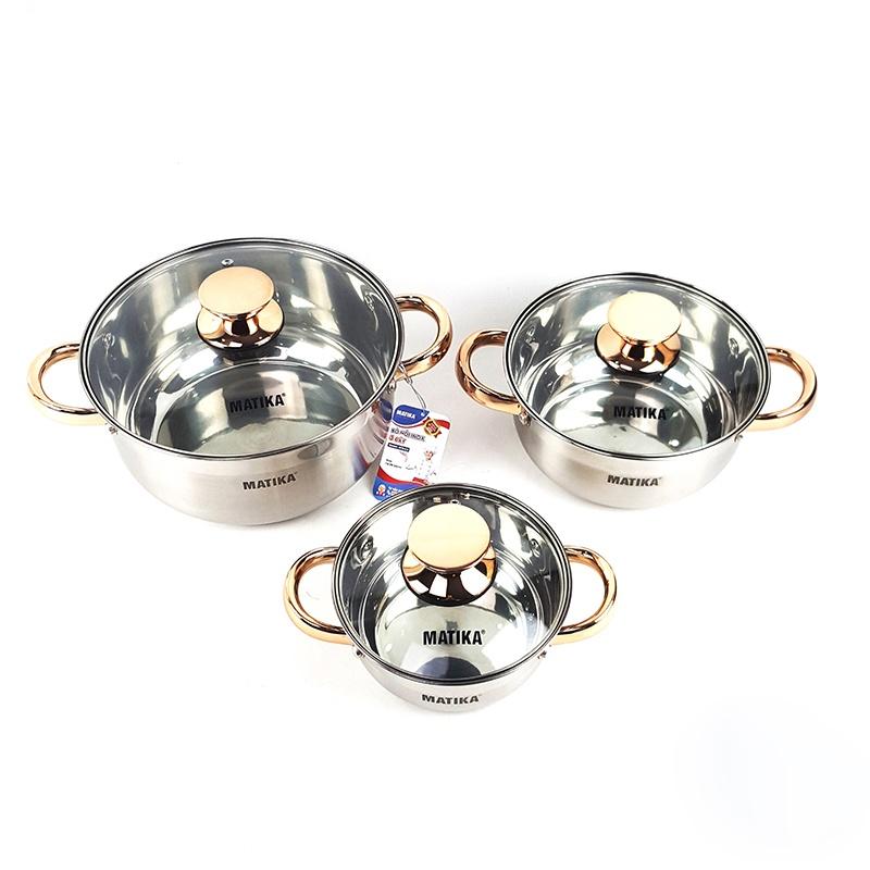 Bộ Nồi Inox 3 Đáy MATIKA MTK-C3 16, 20, 24 cm, Hàng Chính Hãng