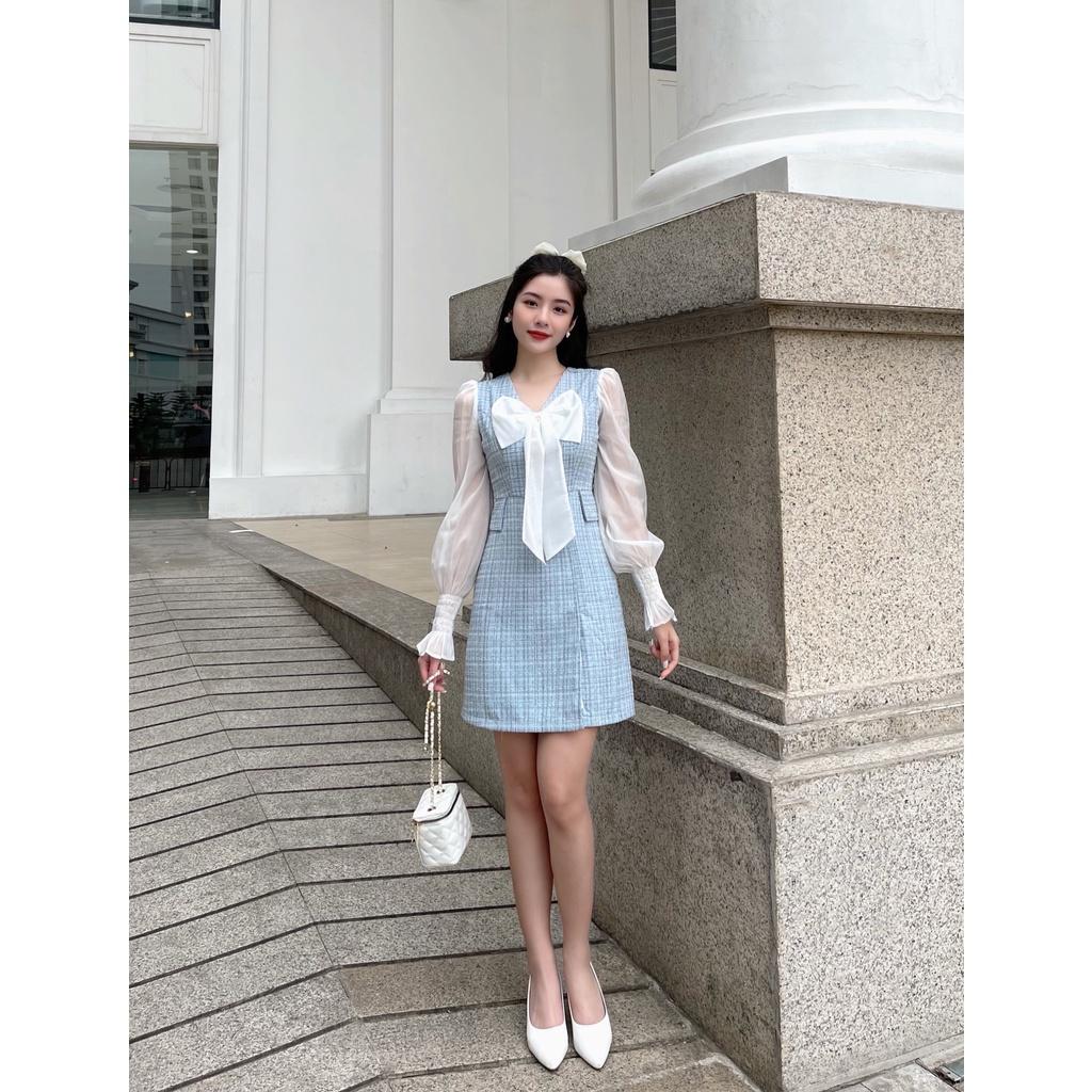 Váy dạ tweed phối voan tay dài bo chun, nơ trước ngực - M116
