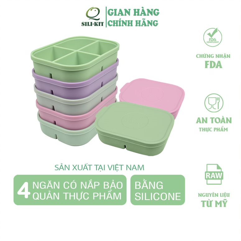 Khay silicon trữ đông Q SILI-KIT 4 ngăn có nắp, sử dụng đa năng, kích thước 16.4x12.4x3.8cm