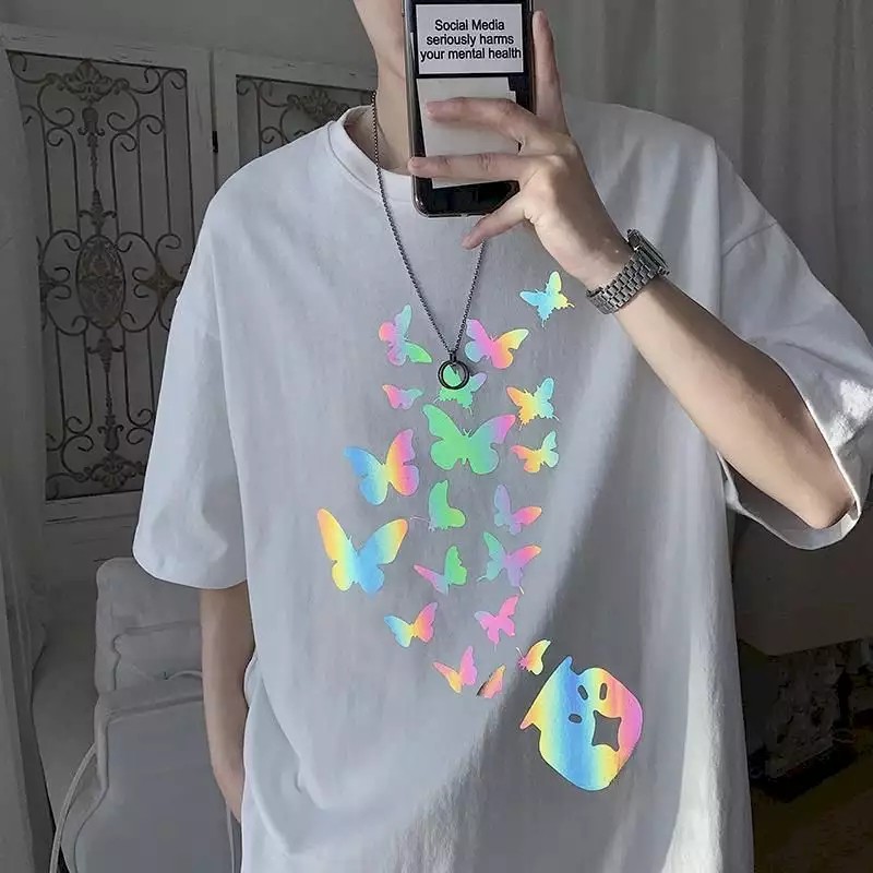 Áo Thun Phản Quang Bướm lọ 7 màu, Áo Thun Cotton 75%, Áo From Rộng, Áo Thun Unisex, thời trang đường phố