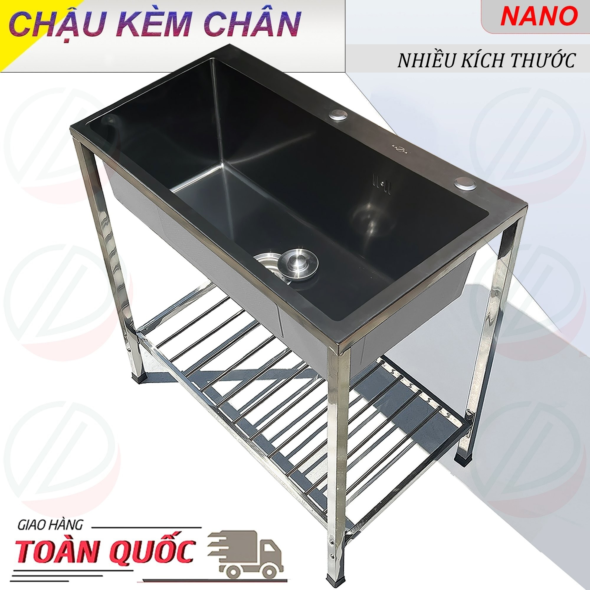 COMBO Chậu Rửa Chén Bát Inox Phủ Nano 1 Hộc KAZTA Có Kệ Chân Kèm Vòi Phụ Kiện - Kích thước 60x45cm và 82x45cm, cao 81cm