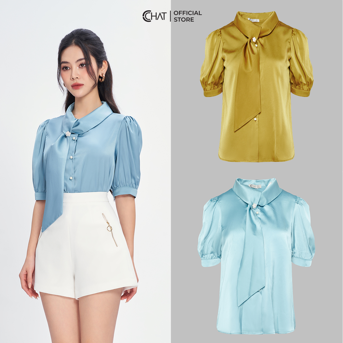 Áo Sơ Mi Nữ Cổ Nơ Cài Lệch Chất Lụa Cao Cấp 13FNL2005ST