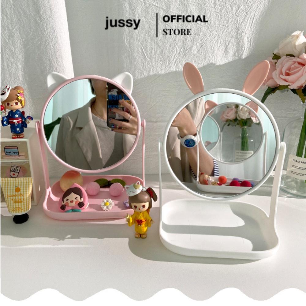 Gương Trang Điểm Mini Để Bàn Jussy Fashion Kiểu Gương Soi Kèm Khay Đựng Trang Sức Tiện Lợi Xoay 360 Độ Kt 15x23cm