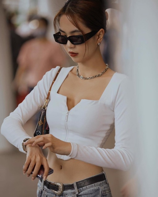 Áo croptop khoá kéo dài tay chất thun Borip 4 chiều Free Size dưới 53kg dành cho nữ cá tính trẻ trung năng động