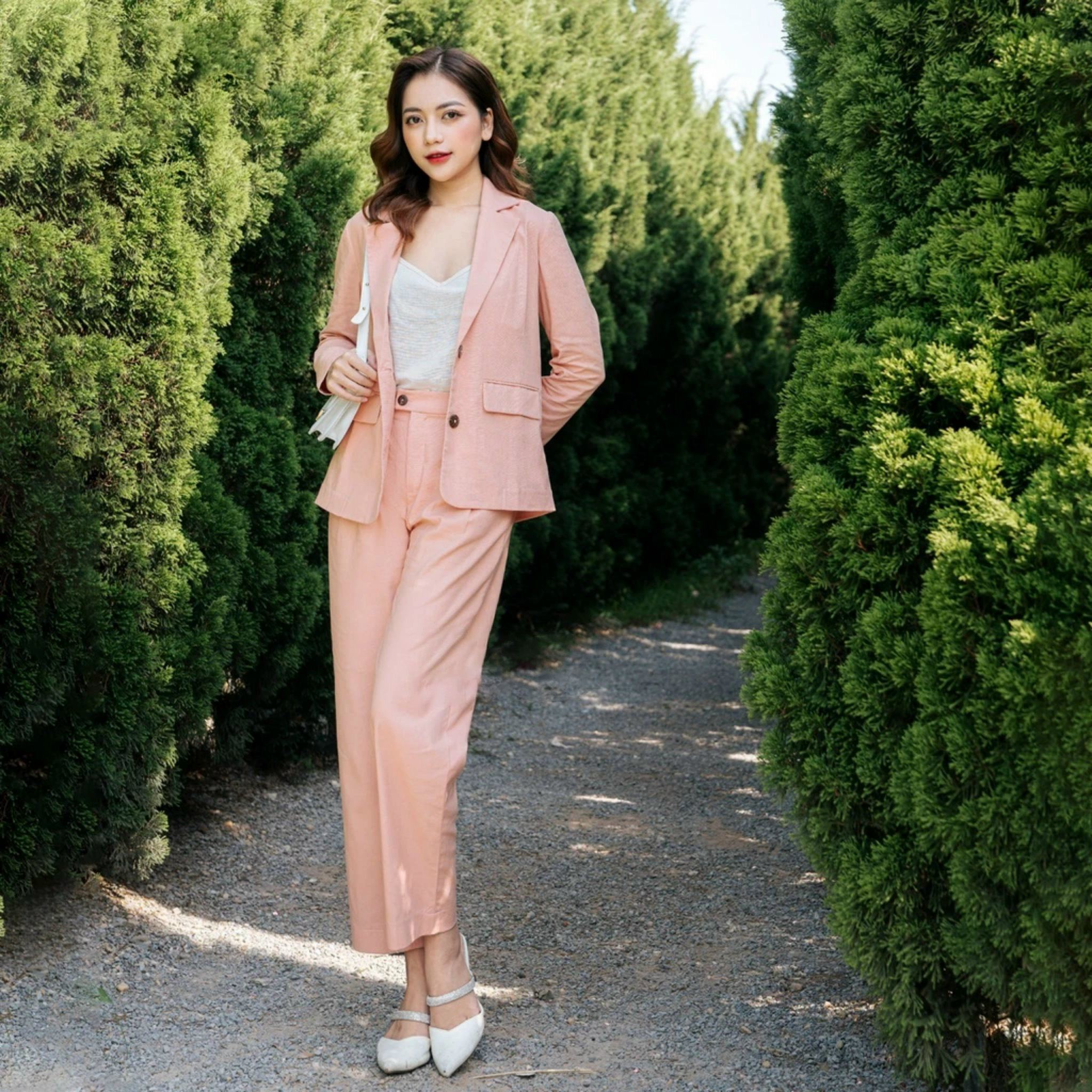Bộ vest blazer nữ màu hồng nhẹ nhàng phong cách vintage Hàn Quốc, chất linen mềm mát Đũi Việt