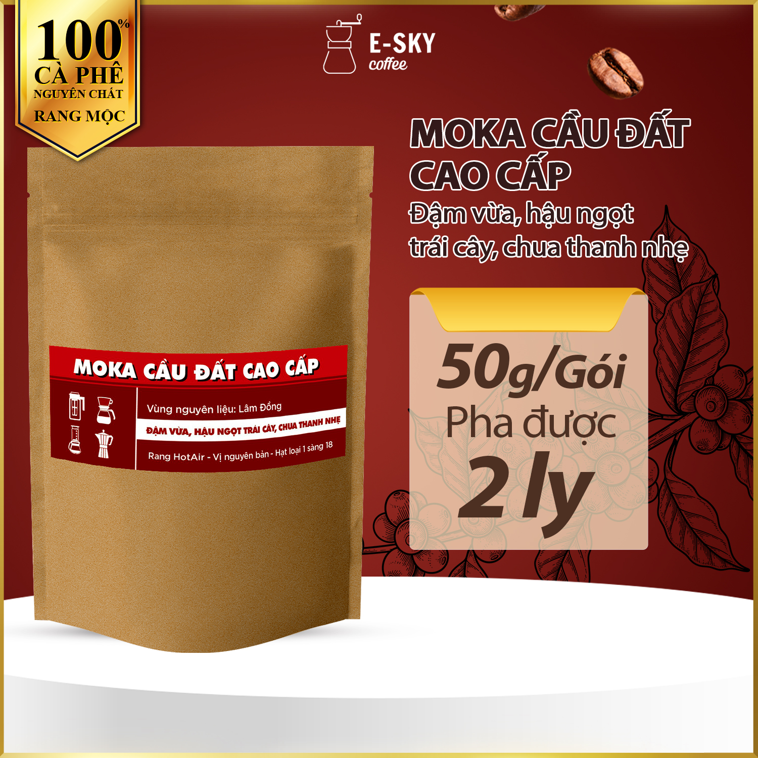 Mẫu Thử Cà Phê Rang Xay Nguyên Chất E-SKY Coffee Cafe Pha Phin 50gr