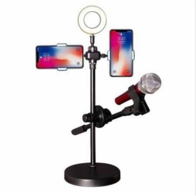 Đèn livetream 4 in 1 để bàn có chân đỡ micro và kẹp hai điện thoại