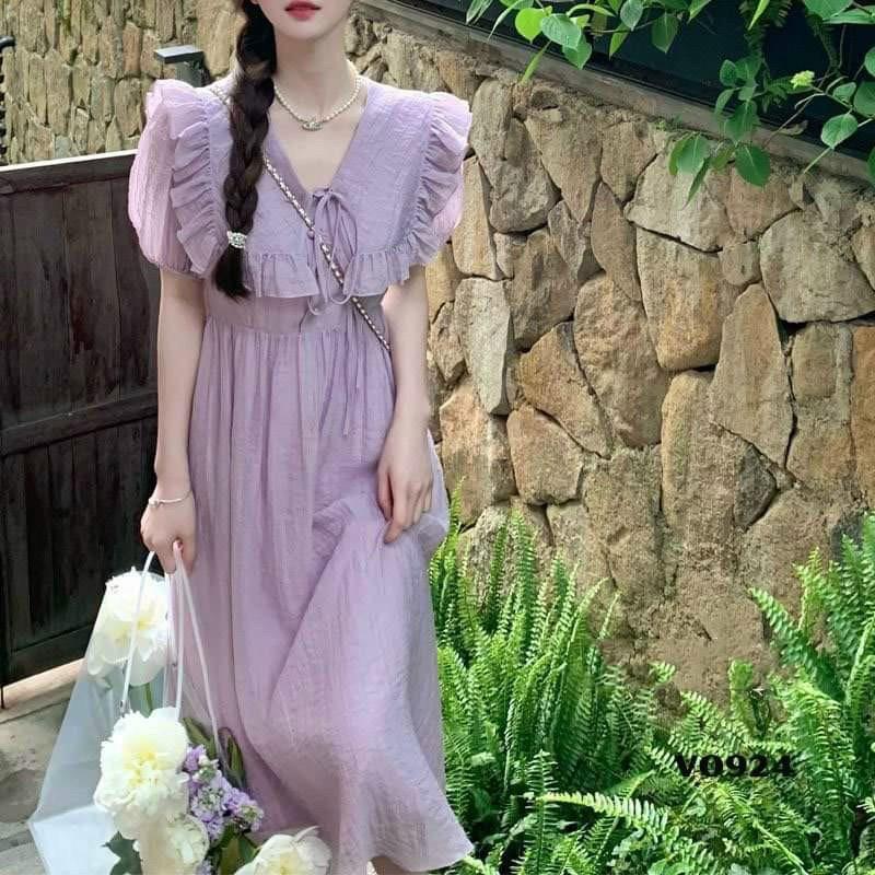 Đầm váy nữ cổ bèo canh tiên họa tiết màu tím dáng xòe tôn dáng trẻ trung sang trọng thanh lịch siêu xinh Hàn Quốc