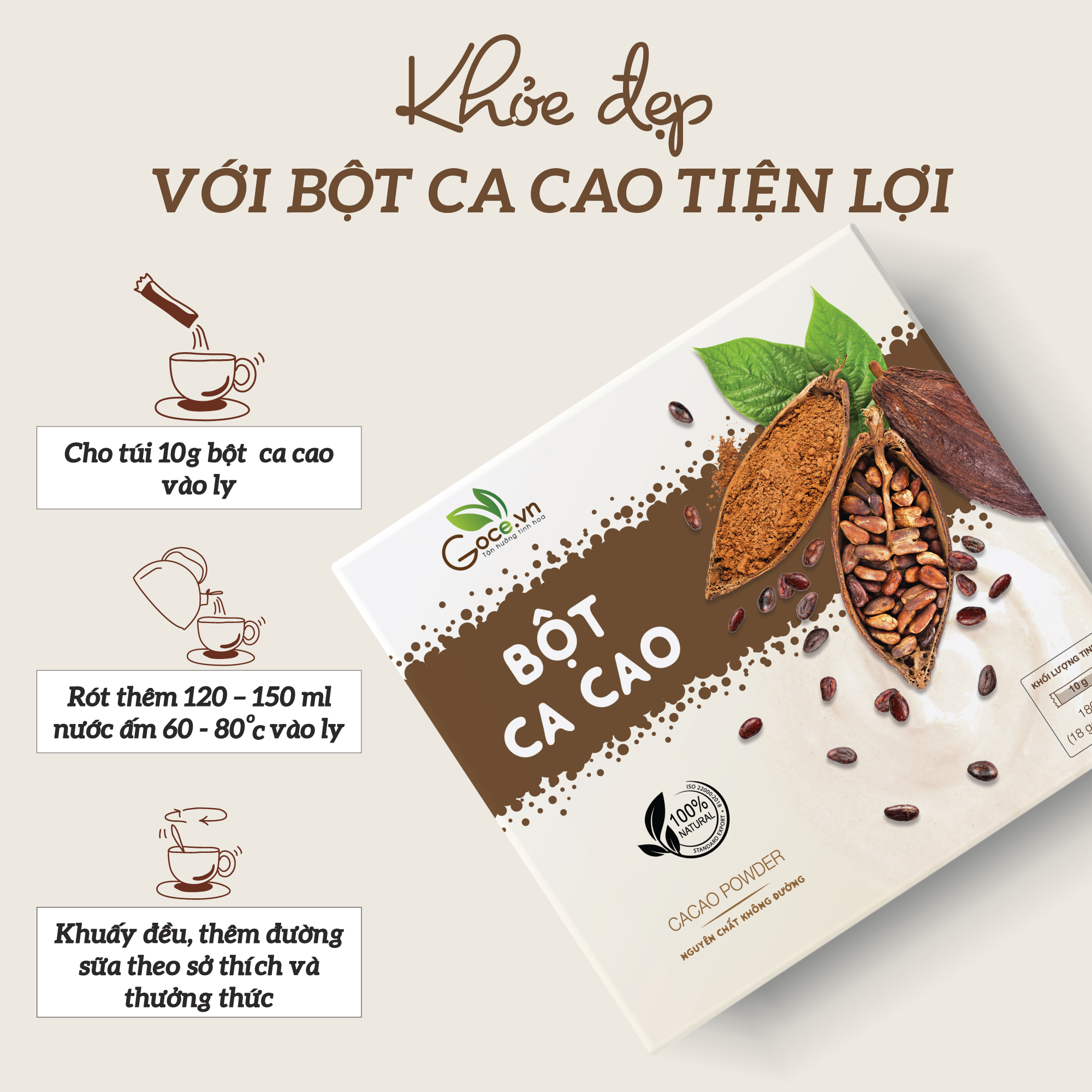 Bột ca cao nguyên chất Goce - 180g (18 gói x 10g)