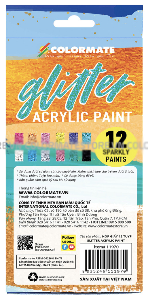 Hộp Giấy 12 Tuýp Glitter Acrylic Paint Colormate