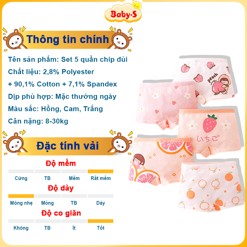 Quần chip bé gái nhiều họa tiết xinh xắn Baby-S, Set 5 quần chip đùi bé gái chất thông hơi thoáng mát – SC028