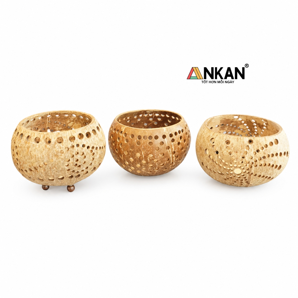 Đèn Tealight Gáo Dừa ANKAN Họa Tiết Mặt Trời Handmade – Decor Trang Trí Không Gian Chill
