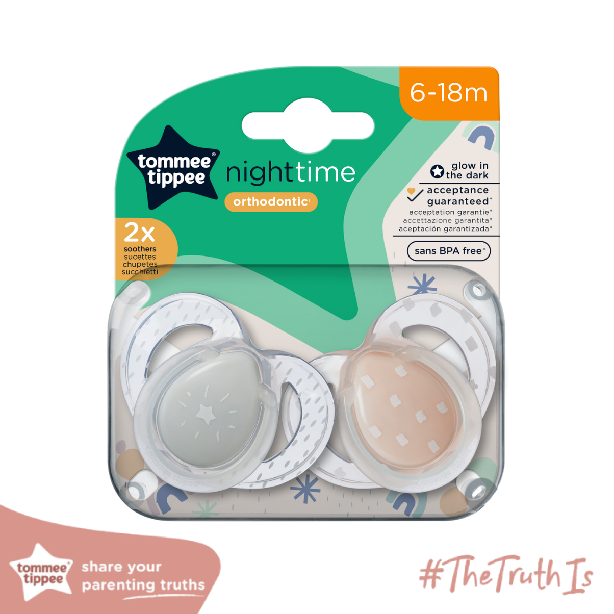 Ty Ngậm Dạ Quang Cho Bé Tommee Tippee Night Time 6 - 18 Tháng (Vỉ Đôi) - Mưa Xám