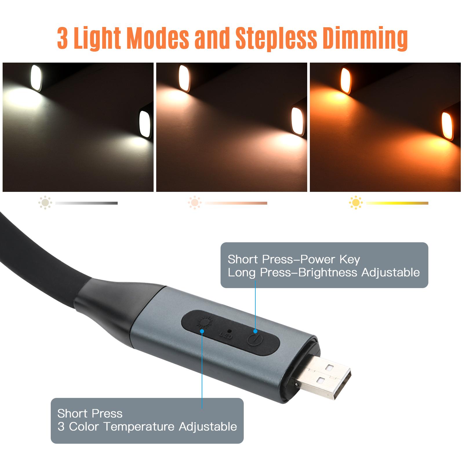 LED Neck Reading Light USB Rechargeable Book Light Bendable Silicone Arm Hand-Free 3 Colors Mode Stepless Dimming