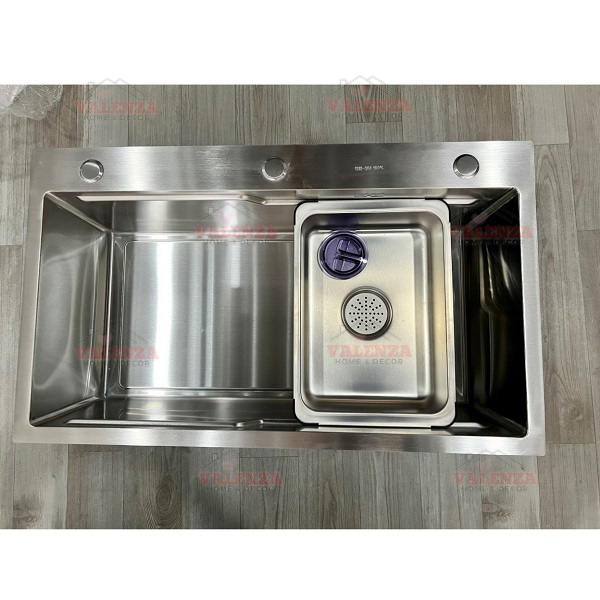 Combo chậu rửa bát 1 hố lớn inox 304 Valenza 75x46cm vòi rửa bát rút dây nóng lạnh bộ xả khay inox bình rửa bát-Dày 3li