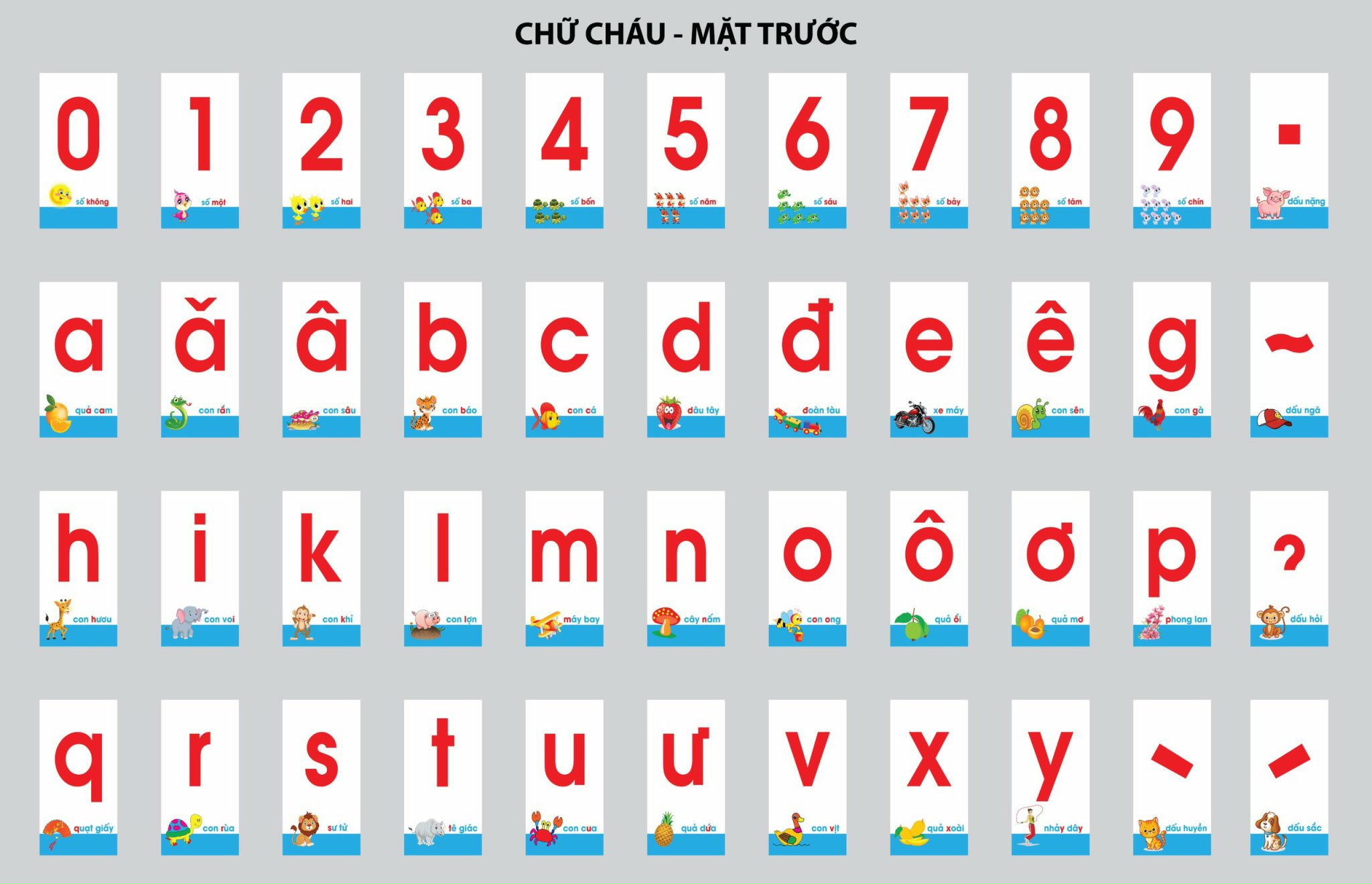Bộ 44 Thẻ nhận biết Chữ Cái và Số dành cho cô và cháu (Thẻ chữ cháu)