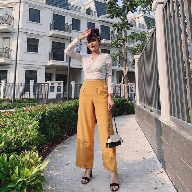 Sét áo đắp chéo cột nơ quần ống suông