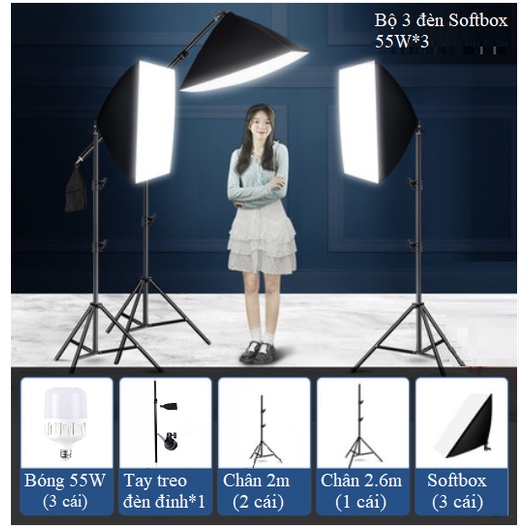 Bộ 3 Đèn Chụp Ảnh Studio Chuyên Nghiệp 55W*3, Đèn Led Quay Video, Bộ đèn Chụp Sản Phẩm Softbox HL Lighting Hàng Chính Hãng