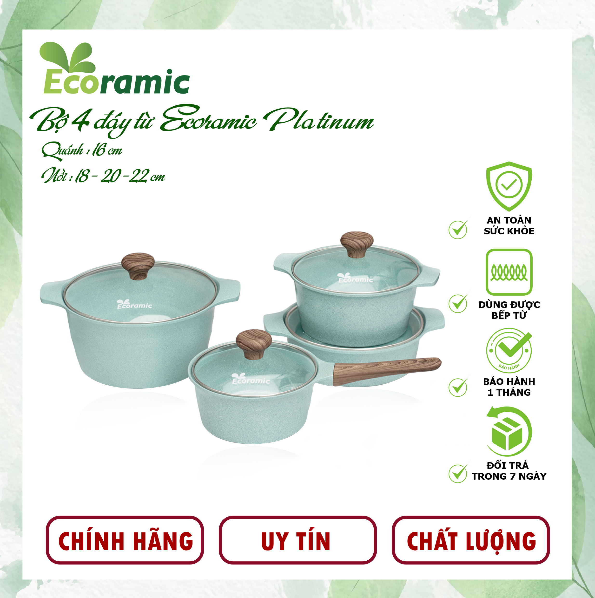 Bộ 4 Nồi Ecoramic Platinum Đáy Từ Chính Hãng Cao Cấp, Chống Dính, Siêu Bền, Bảo Hành 2 Tháng