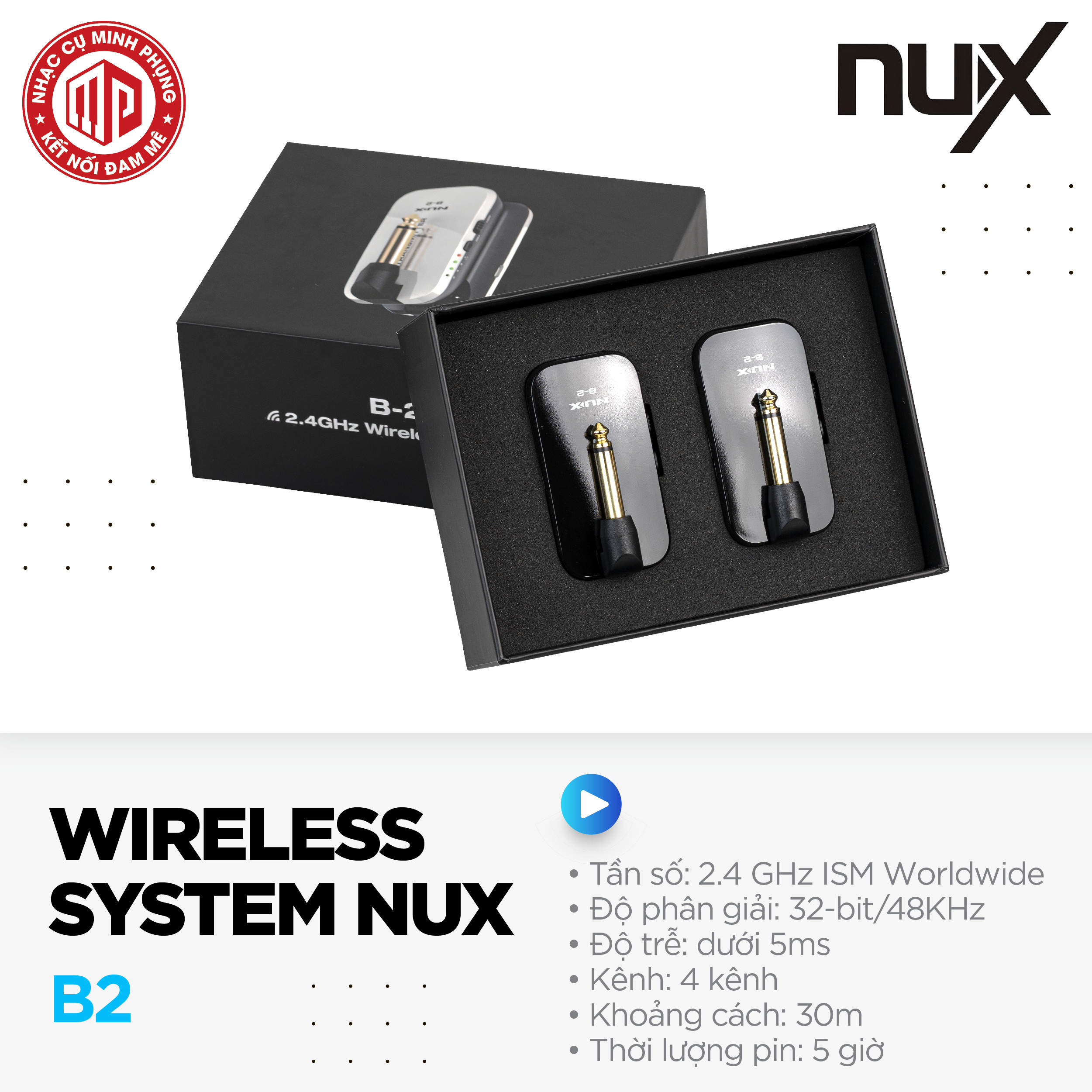 Bộ thu phát tín hiệu không dây cao cấp - 2.4GHz Guitar Wireless System - Nux B-2 / B-2 Plus - Hàng chính hãng