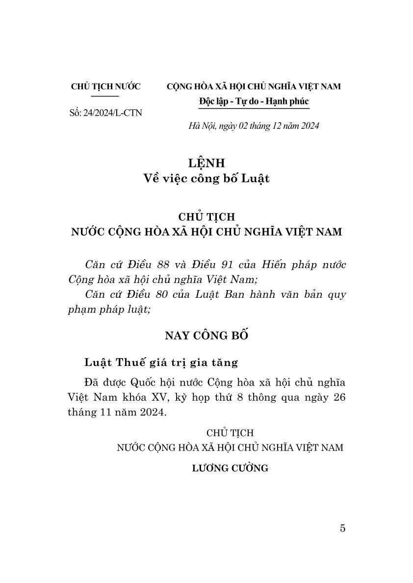 Luật Thuế giá trị gia tăng năm 2024