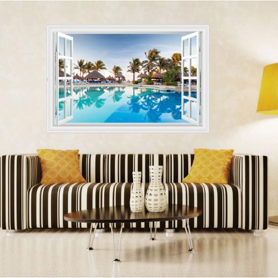 Decal trang trí khung cửa sổ 3D cảnh Hồ bơi đẹp trong Resot lớn