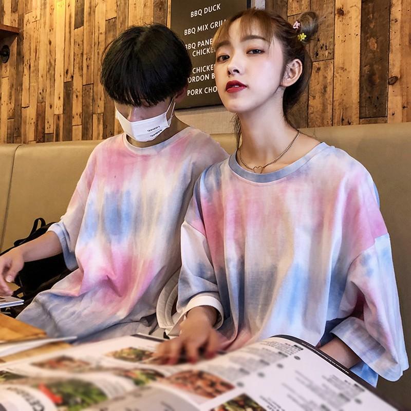 Women's Casual Round Neck Tie Dye Print Short Sleeve Loose Pullover Simple T-Shirt