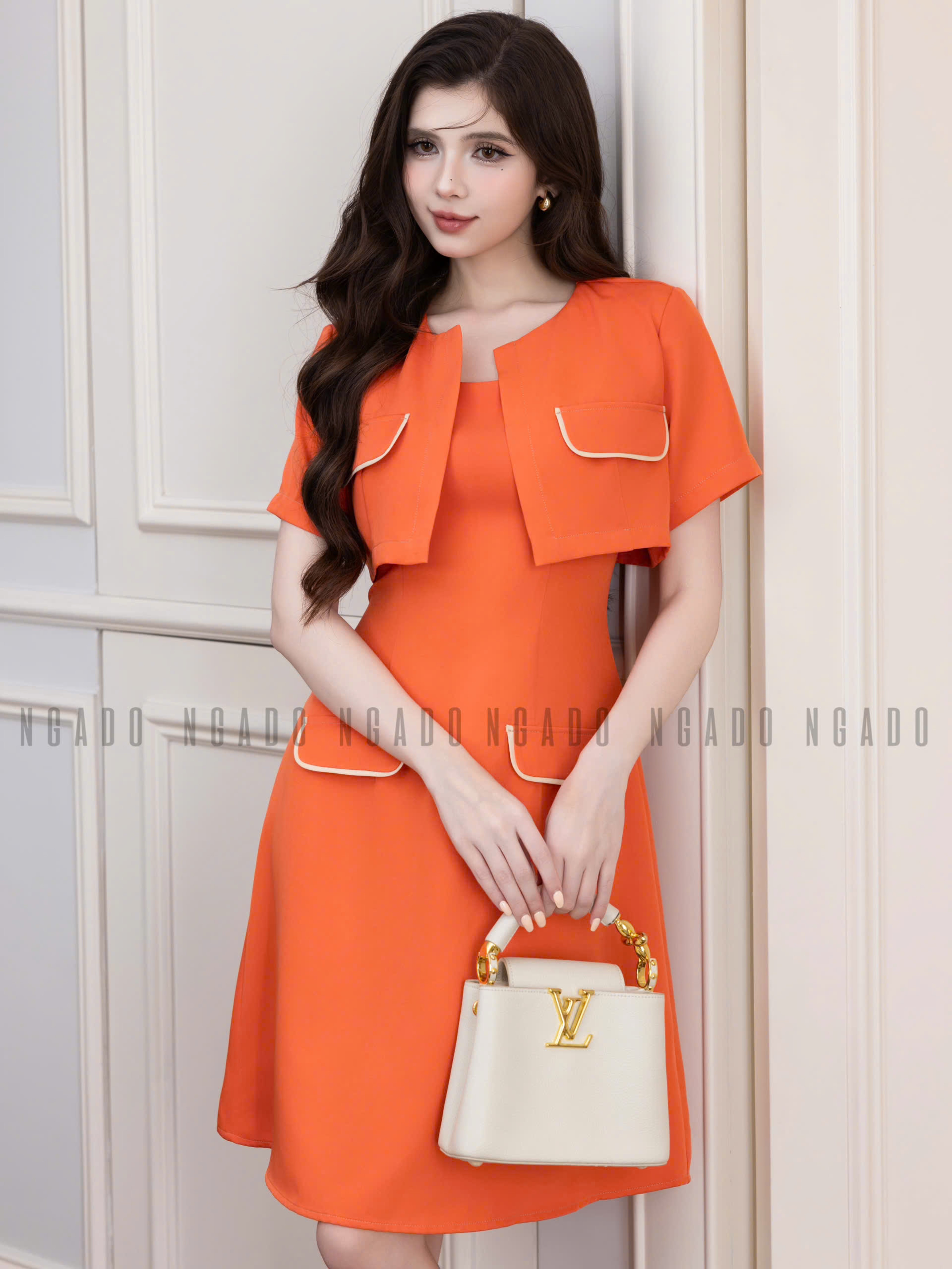 Đầm cam ngắn tay NGADO , đầm Nữ , đầm công sở, dự tiệc