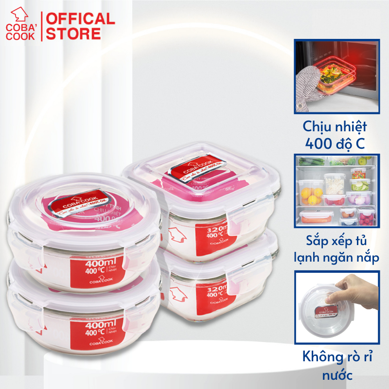 Bộ 4 hộp đựng cơm thức ăn,trữ thực phẩm thủy tinh chịu nhiệt COBA'COOK 2 hộp vuông 320ml + 2 hộp tròn 400ml- CCR4S34