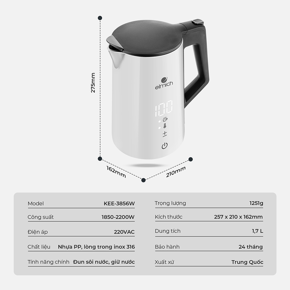 Ấm đun siêu tốc Elmich KEE-3856 (Cấu Tạo 2 Lớp, Dung tích 1,7 Lít, Công suất 2200W, Màn Hình Cảm Ứng, Hiển Thị 5 Mức Cài Đặt Nhiệt Độ) - Hàng Chính Hãng