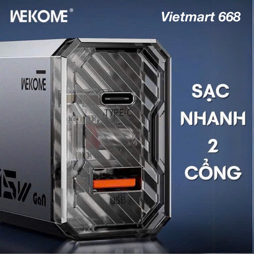 Củ Sạc Nhanh 35W WEKOME WP-U23 Hỗ Trợ Sạc Nhanh GaN 35W - Tích Hợp 2 Cổng TypeC + USB-A - Hàng Chính Hãng
