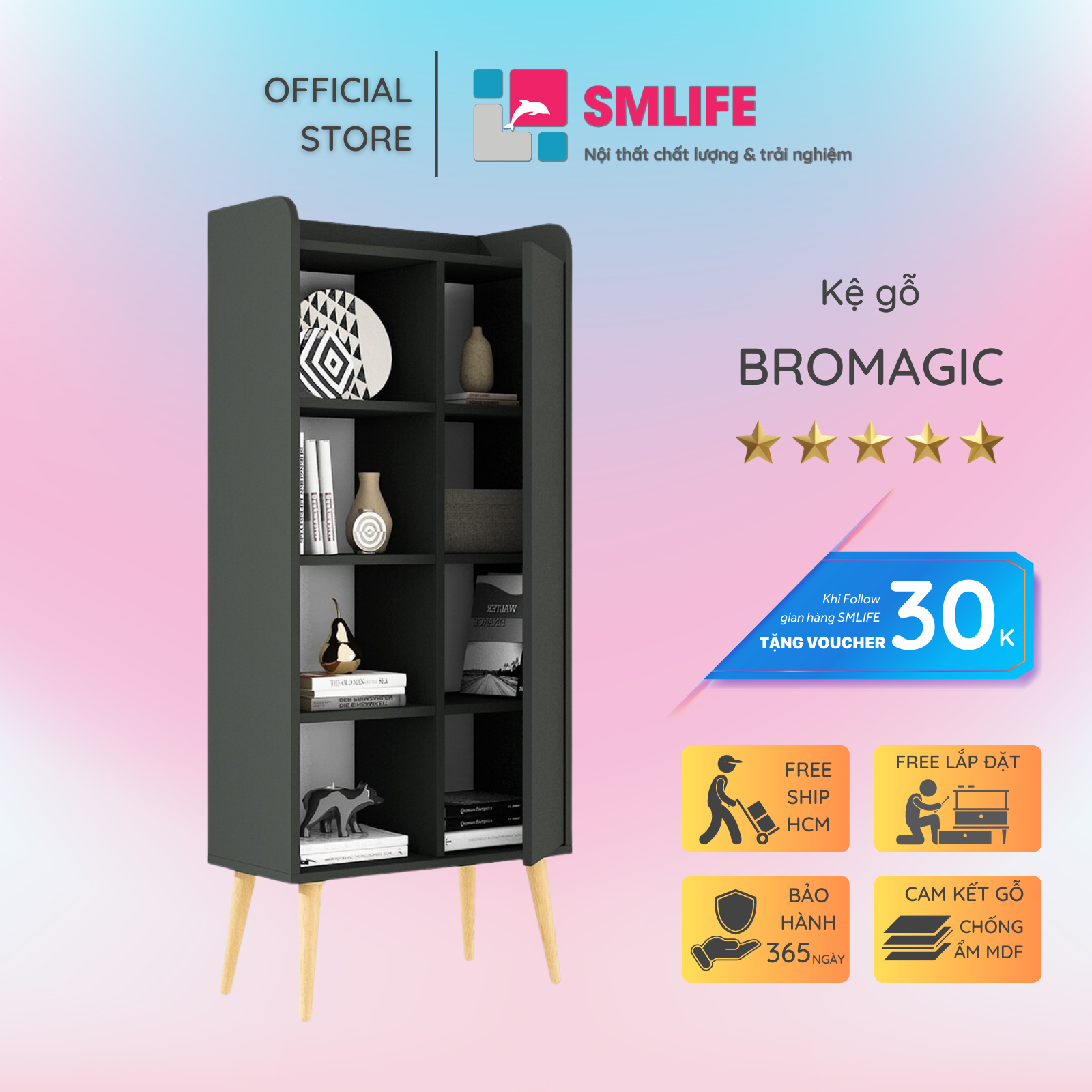 Kệ sách, kệ trang trí gỗ hiện đại SMLIFE Bromagic  | Gỗ MDF dày 17mm chống ẩm | D64xR30xC146cm