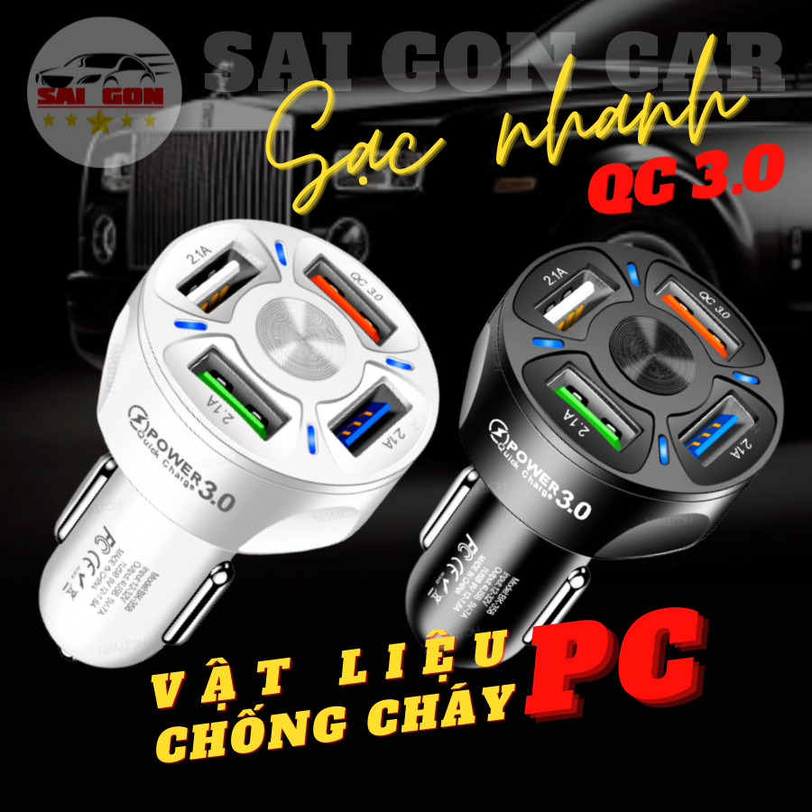 Tẩu sạc nhanh ô tô chia 4 cổng sạc, có tích hợp đèn led, hỗ trợ sạc nhanh QC 3.0, điện áp đầu vào 12V đến 32V