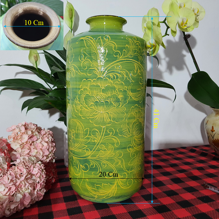 Bình hoa gốm bát tràng cao cấp vuốt tay đọc bản mầu xanh vàng H41