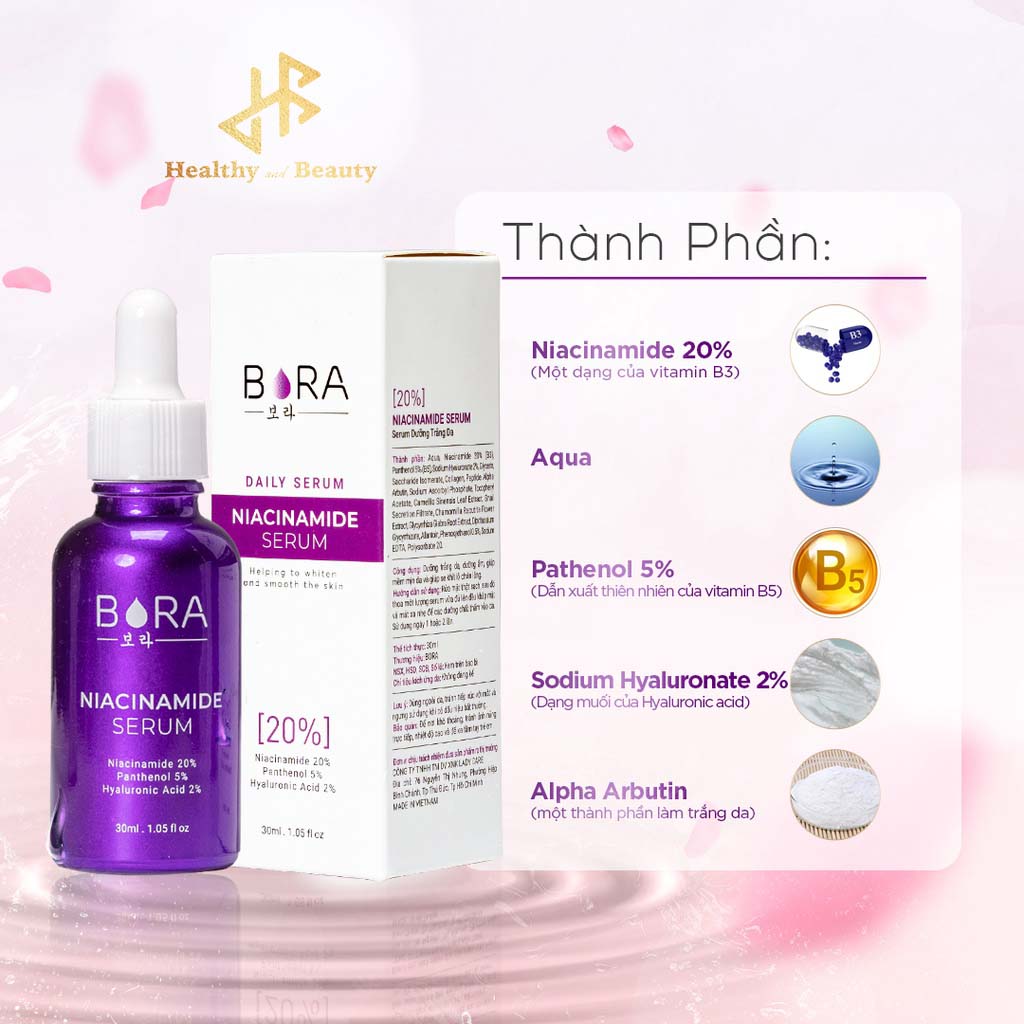 Tinh chất hỗ trợ mờ nám, thâm mụn, đều màu và sáng da Bora Niacinamide 20% lọ 30ml