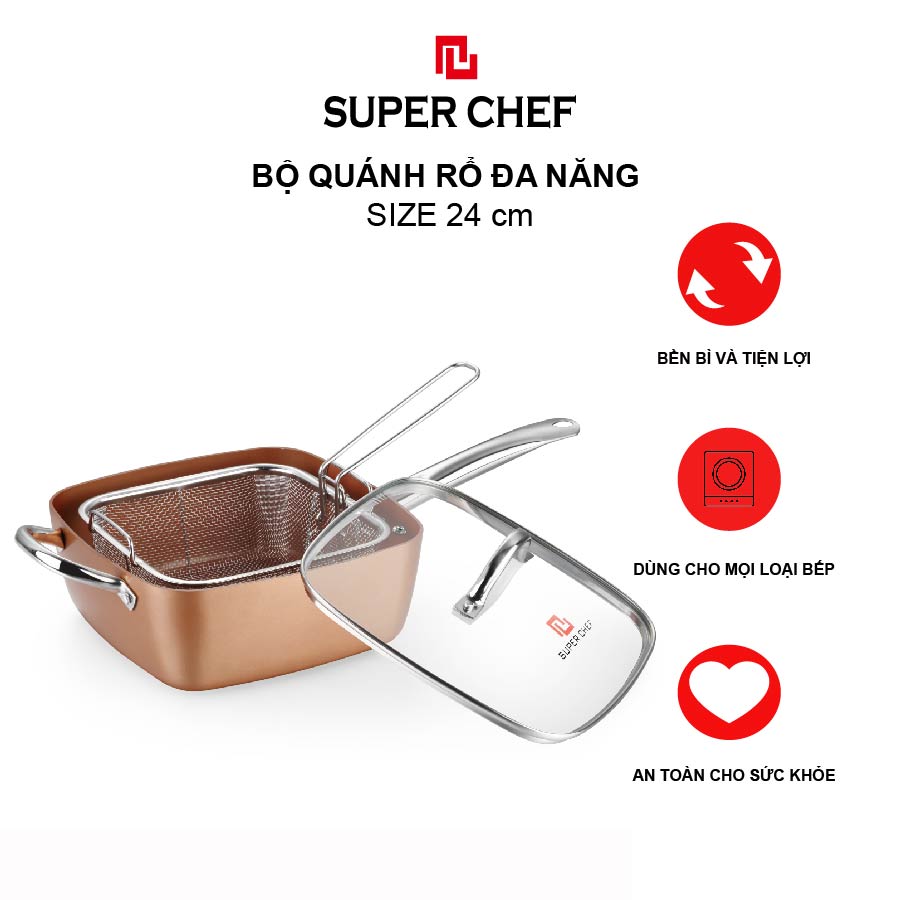 Bộ Nồi Chống Dính Ceramic Vuông Và Rổ Chiên Inox 304 5 Trong 1 Đa Năng Siêu Tiện Lợi, Dùng Mọi Loại Bếp, Thách Thức Mọi Món Ăn,  Chống Dính An Toàn, Không Bong Tróc, Hạn Chế Trầy Xước SIêu Bền Bỉ