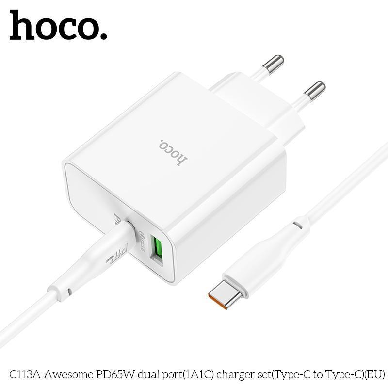 Bộ sạc 2 cổng 65W Hoco C113A (1 Type C + 1 USB), củ sạc kèm dây, sạc được cho laptop Type C chống cháy hàng chính hãng Mall Kem Phụ Kiện
