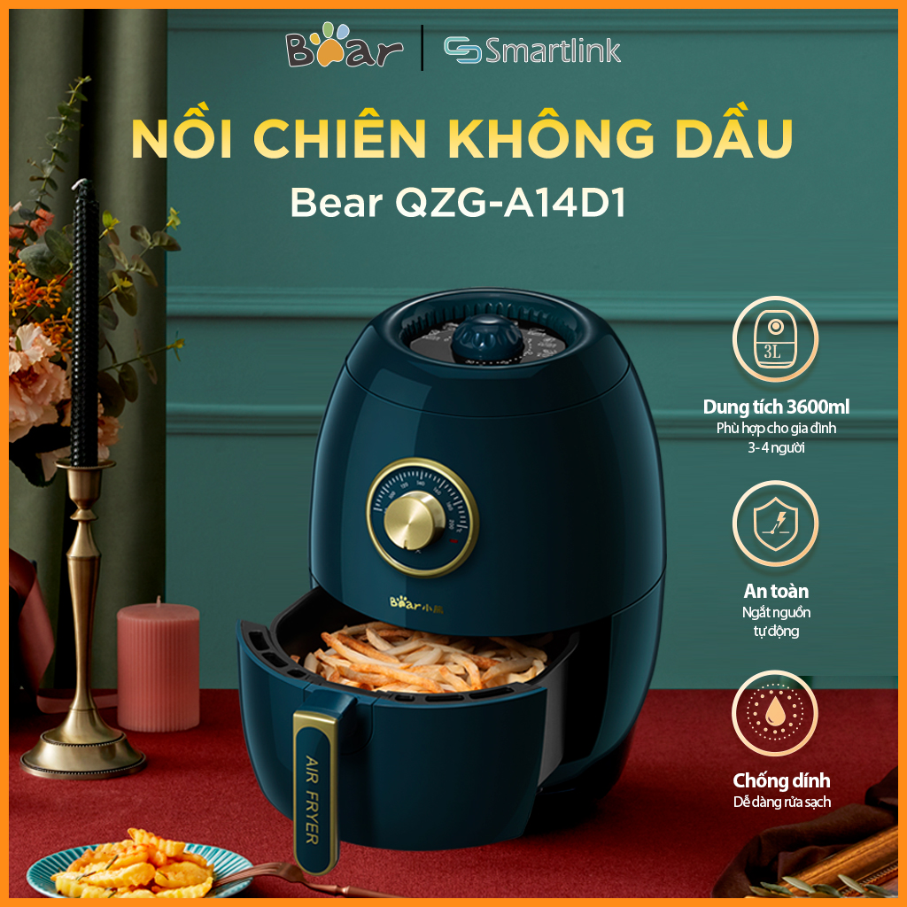 Nồi Chiên Không Dầu Bear QZG-A14D1 3L - Lòng Nồi Bằng Thép Không Rỉ - Giảm lượng chất béo tối đa An toàn sức khỏe - Bản Quốc Tế - Hàng chính hãng