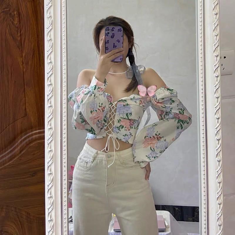 Áo croptop hoa lụa thắt nơ ngực sexy 2021