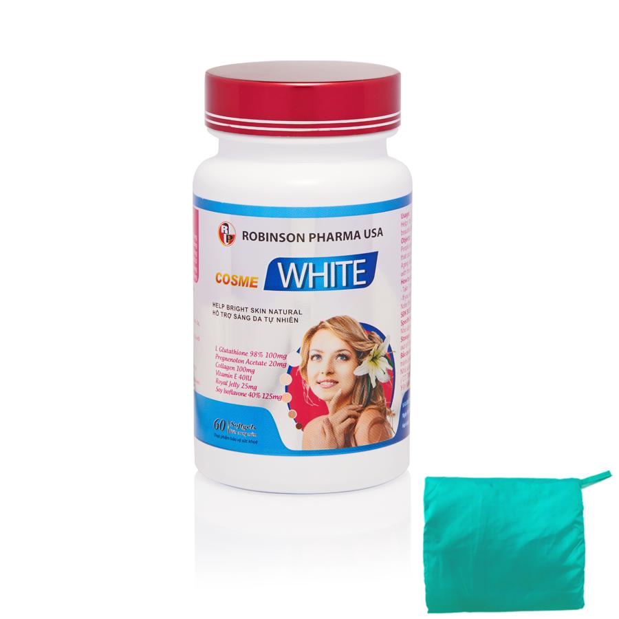 TPCN Hỗ trợ làm trắng sáng da,hạn chế lão hóa và giảm thâm nám cho da COSME WHITE - MediBeauty - Robinson Pharma usa-chai 60 viên TẶNG 1 áo mưa dù cao cấp