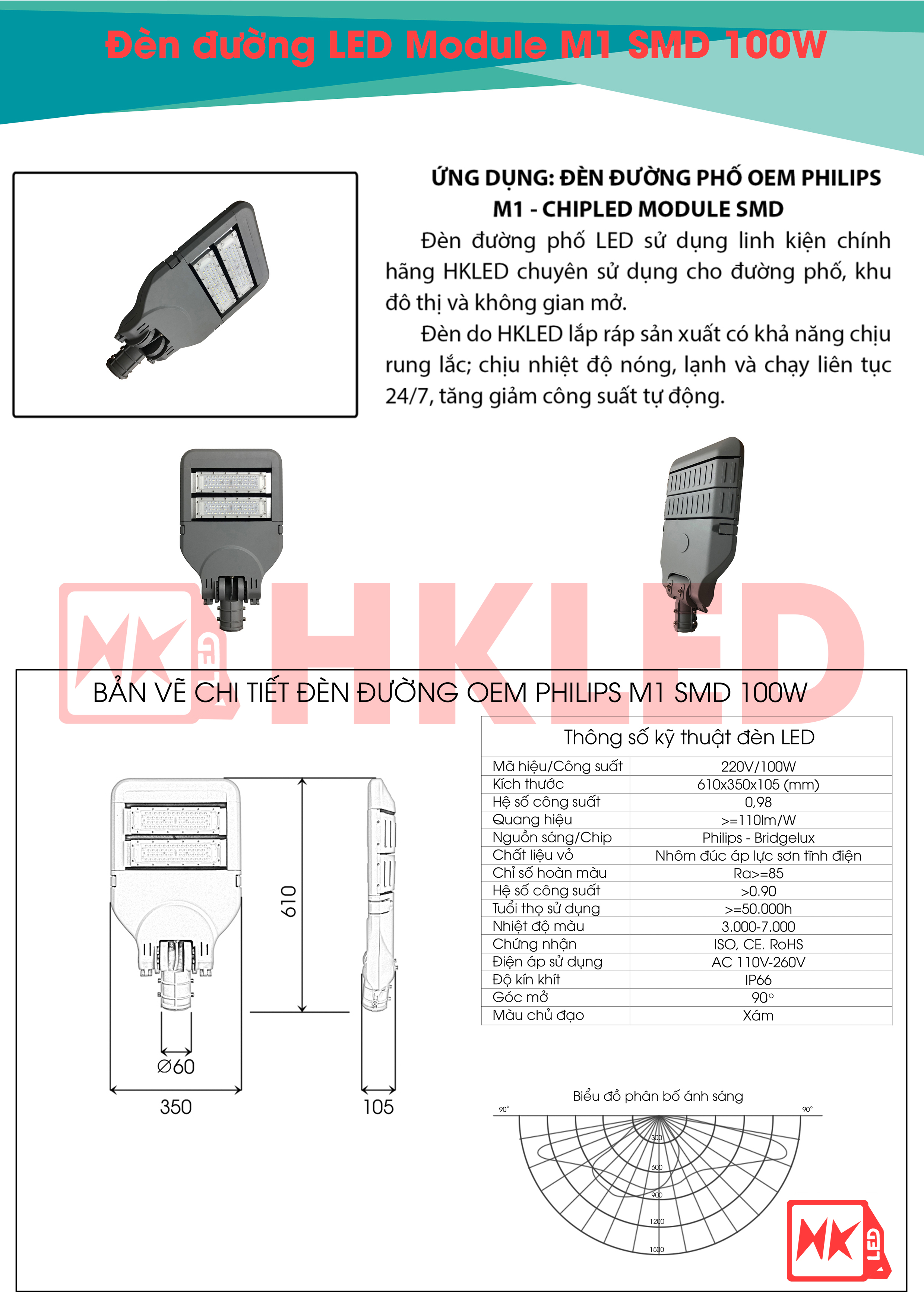 HKLED - Đèn đường phố OEM Philips Module M1 Driver DONE công suất 100W - DDM01M100