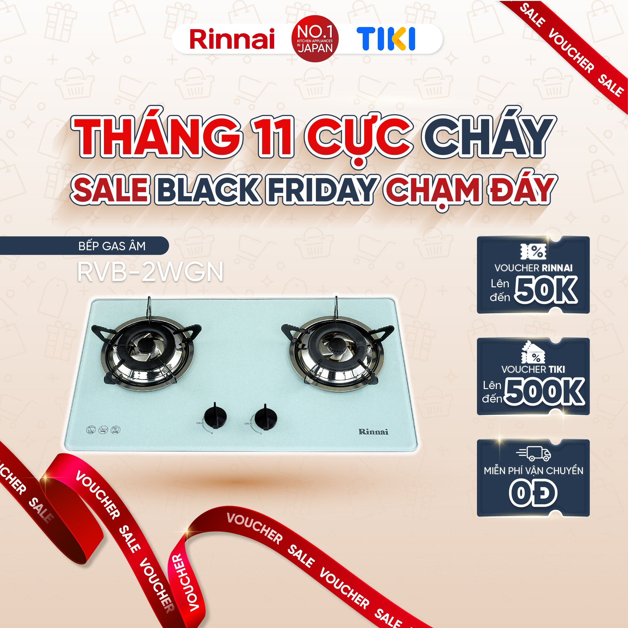 Bếp gas âm Rinnai RVB-2WGN mặt bếp kính và kiềng bếp men - Hàng chính hãng.
