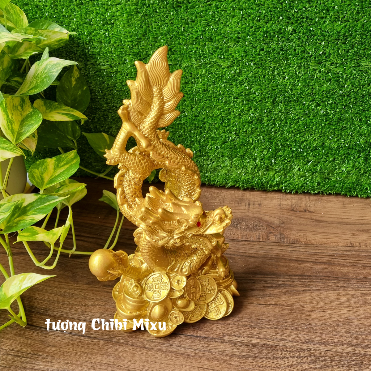 Tượng Rồng cuộn sơn nhũ ngang 14cm x cao 27cm
