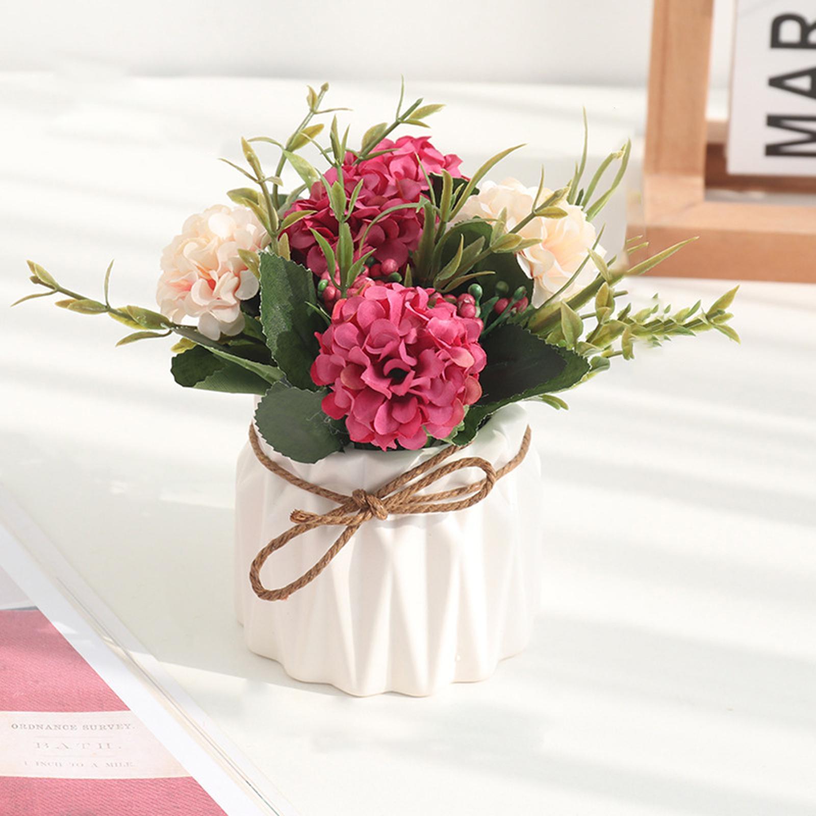 3x Mini Artificial Flower Fake Simulation Hydrangea Plant Ceramic Vase for Home