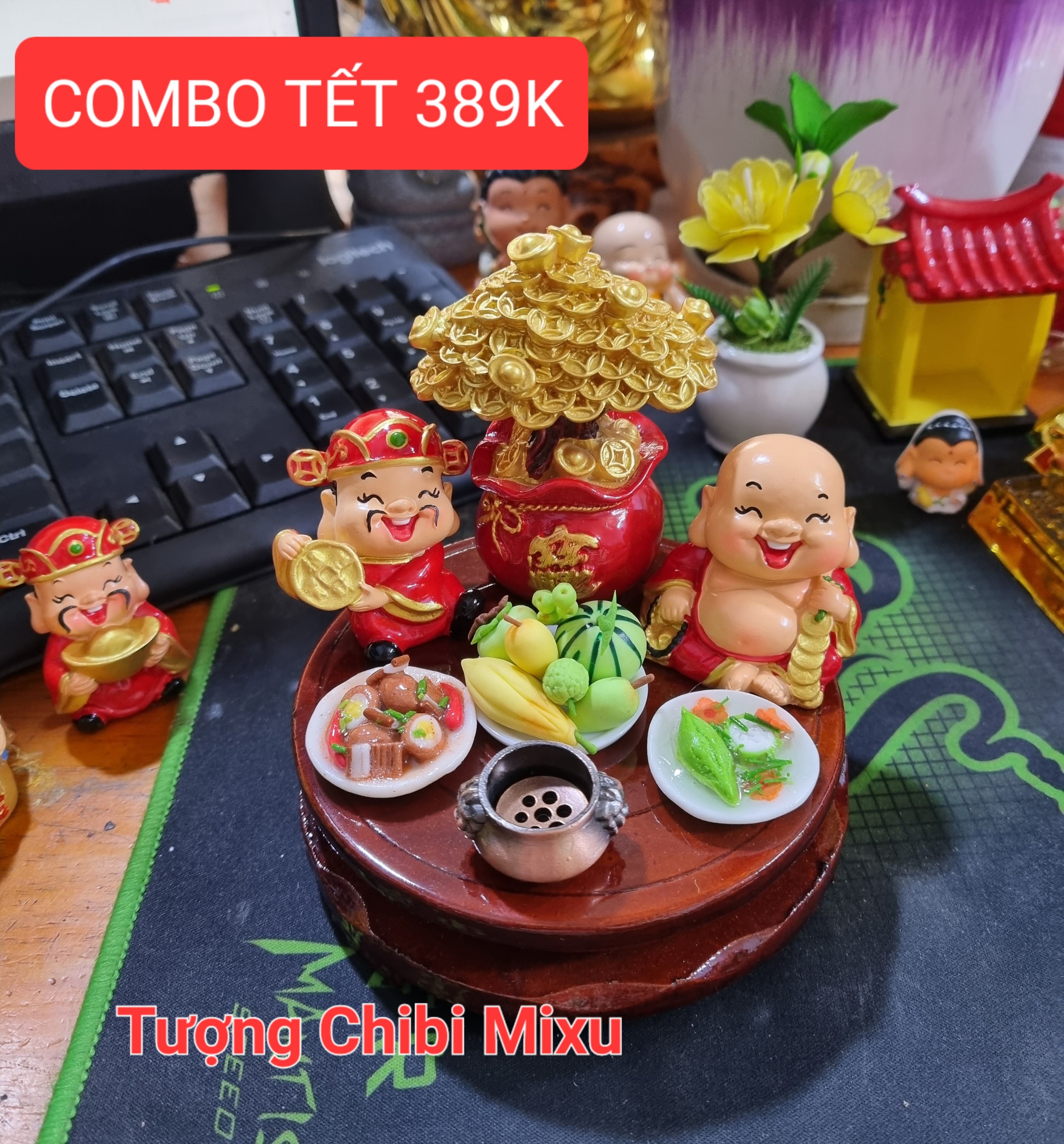 Combo Tết 389K (cặp Thần Tài - Thổ Địa 4cm + cây tiền + Ngũ Quả + Thịt kho + canh khổ qua + Lư + Đế 10cm) tặng 10 nhang